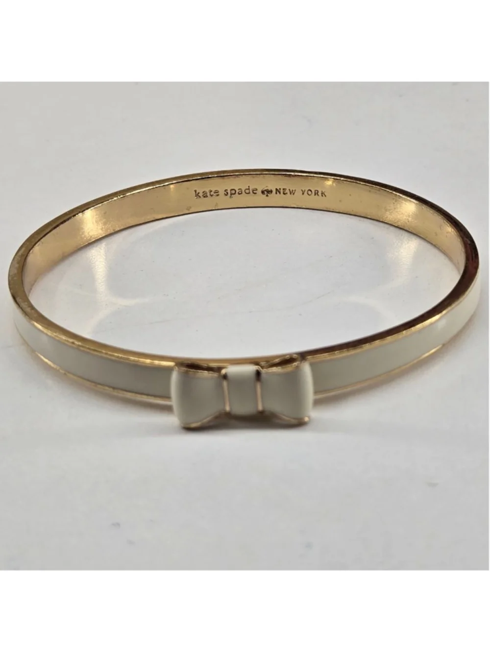 Kate Spade Take a Bow Bangle Bracelet Women's Gold Ivory Cream Classic Ribbon - Picture 8 of 8